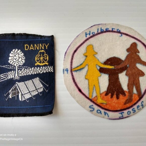 Vintage Accessories - Vintage Girl Guides Patches Brownies Handmade Badge and Blue Camping Ribbon